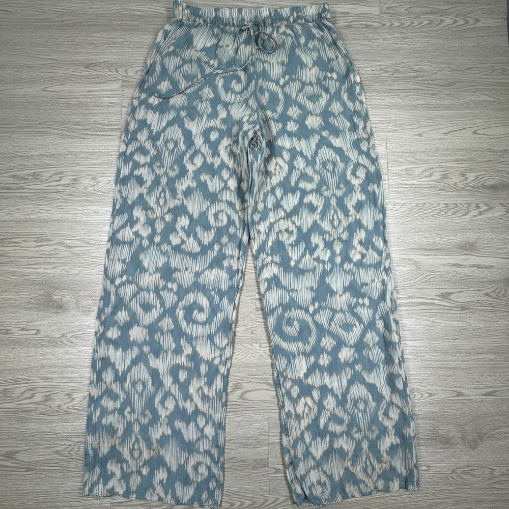 Zara Womens Wide Leg Pants Ikat Print Blue White Size S Elastic Waist Ramie